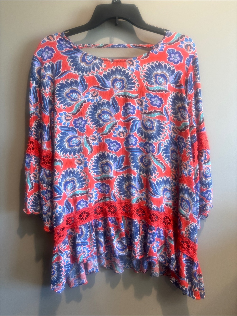 Floral Crochet-Trim Women's Coral and Blue Swing Top